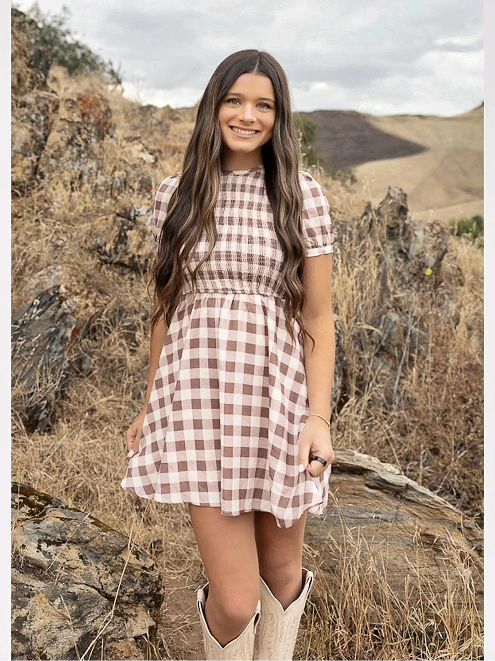 Lucky Blessed Gingham Dress in Brown & White Like New